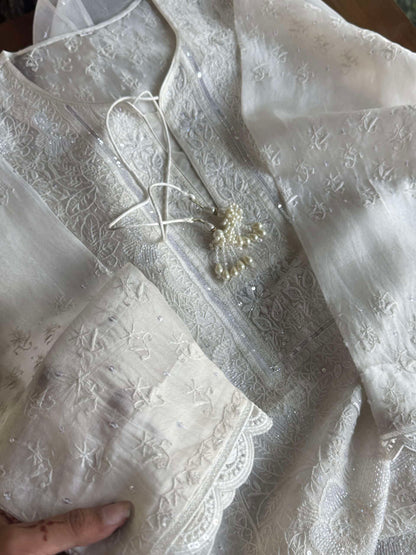 Swan White | Noor Organza Silk Chikankari Straight Cut Kurta Dupatta Set