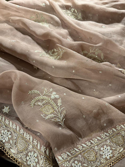 Taupe Shade Organza Chikankari Saree With Chand Motifs