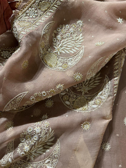 Taupe Shade Organza Chikankari Saree With Chand Motifs
