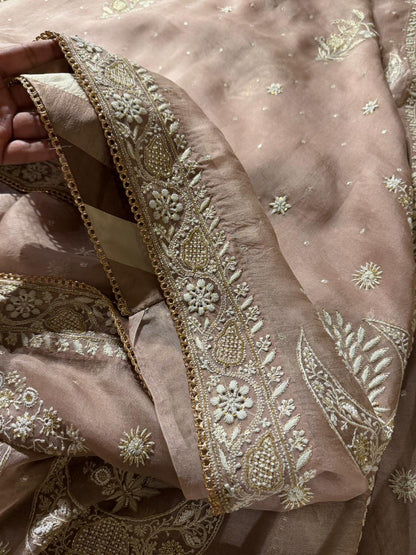 Taupe Shade Organza Chikankari Saree With Chand Motifs