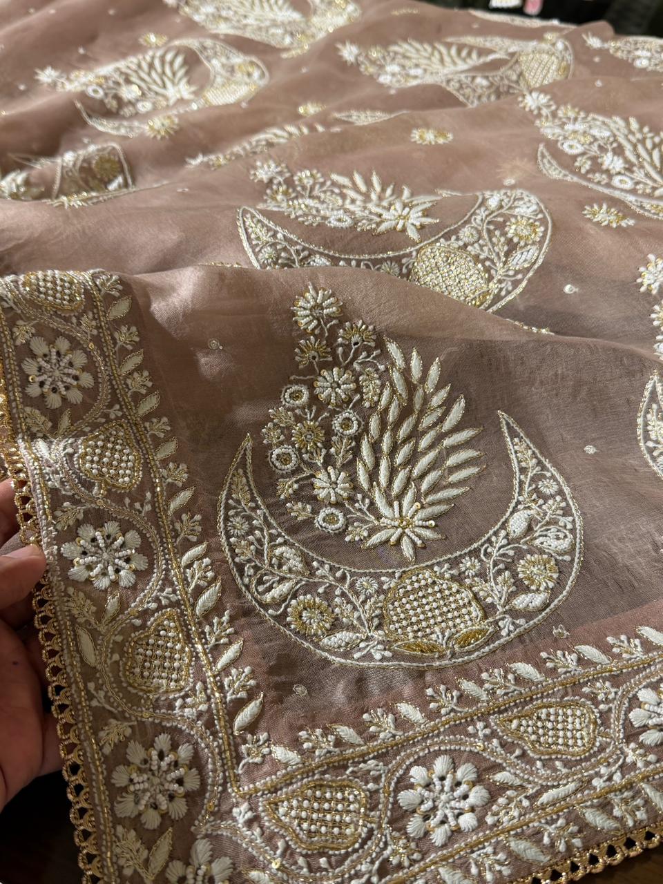 Taupe Shade Organza Chikankari Saree With Chand Motifs