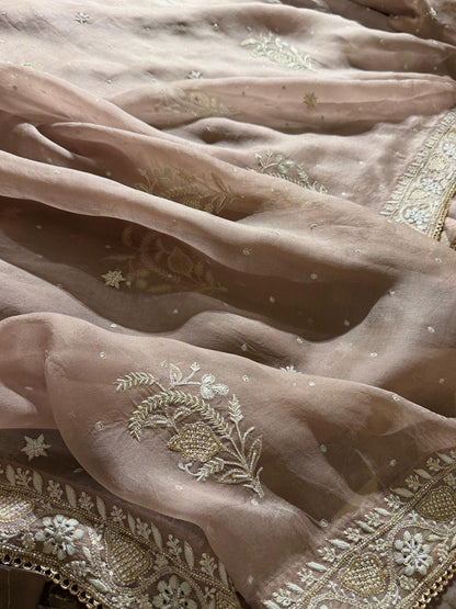 Taupe Shade Organza Chikankari Saree With Chand Motifs