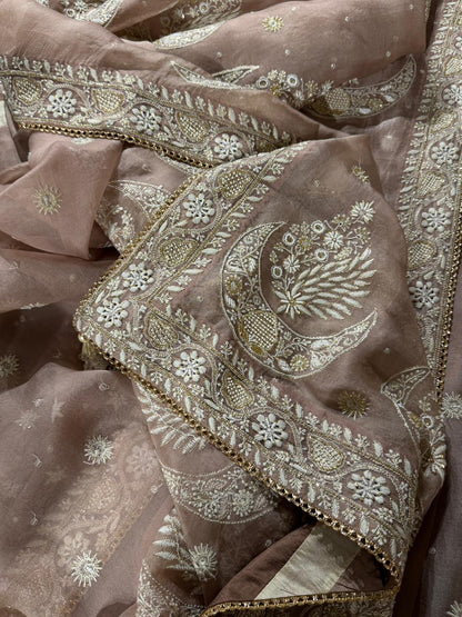 Taupe Shade Organza Chikankari Saree With Chand Motifs