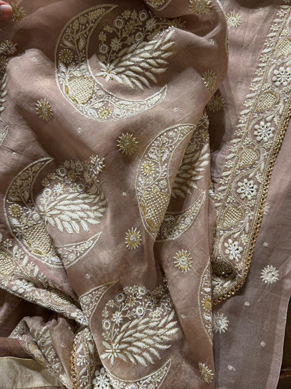 Taupe Shade Organza Chikankari Saree With Chand Motifs