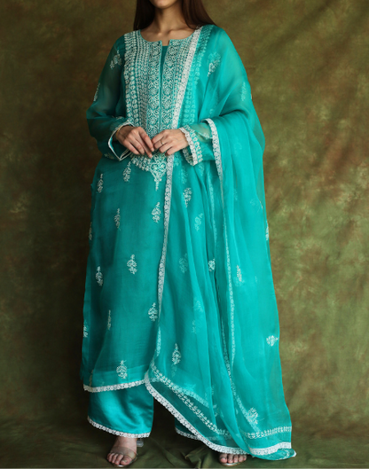 Teal Green Mukaish Kamdani Noor Organza Chikankari Kurta Set