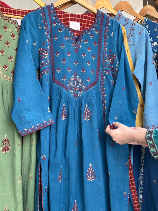 Teal Blue Shade Handspun Malkha Chikankari Panel Tunic