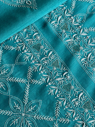Teal Blue Shade Moonga Silk Chikankari Men’s Kurta Fabric