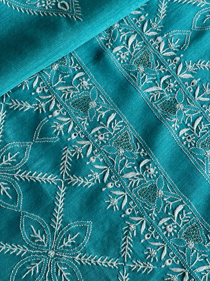 Teal Blue Shade Moonga Silk Chikankari Men’s Kurta Fabric