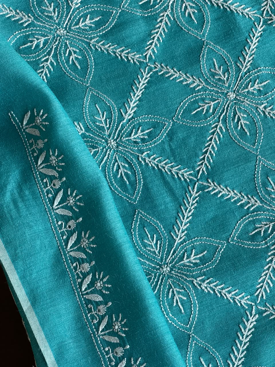 Teal Blue Shade Moonga Silk Chikankari Men’s Kurta Fabric