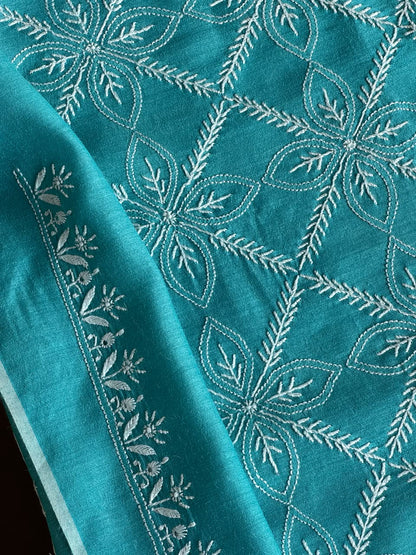 Teal Blue Shade Moonga Silk Chikankari Men’s Kurta Fabric