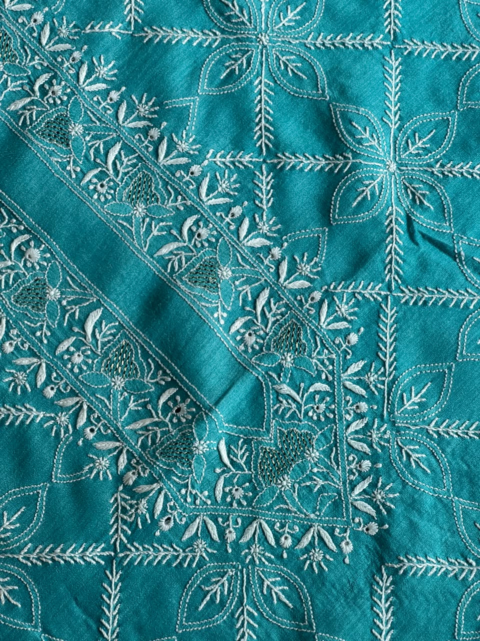 Teal Blue Shade Moonga Silk Chikankari Men’s Kurta Fabric