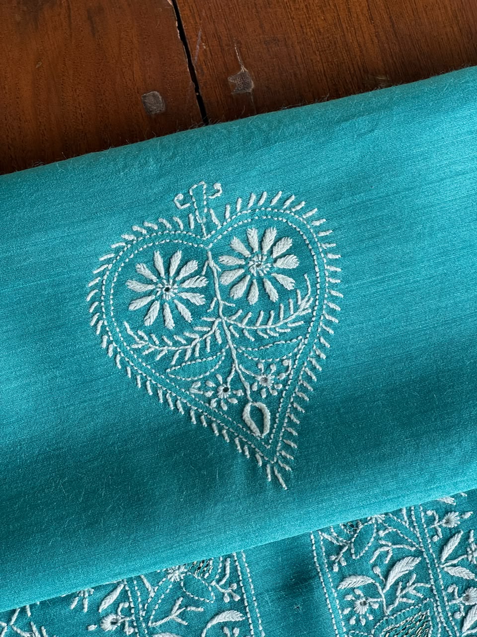 Teal Blue Shade Moonga Silk Chikankari Men’s Kurta Fabric