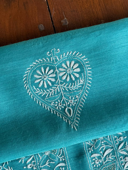 Teal Blue Shade Moonga Silk Chikankari Men’s Kurta Fabric