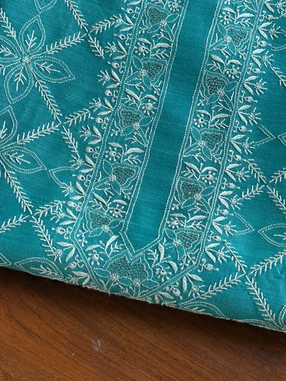 Teal Blue Shade Moonga Silk Chikankari Men’s Kurta Fabric