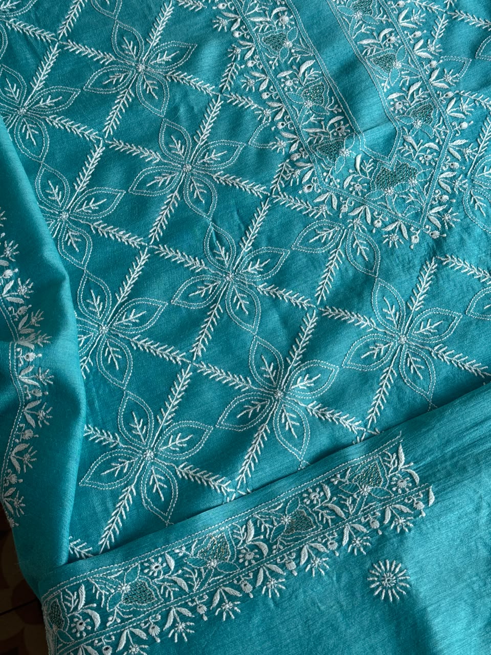 Teal Blue Shade Moonga Silk Chikankari Men’s Kurta Fabric