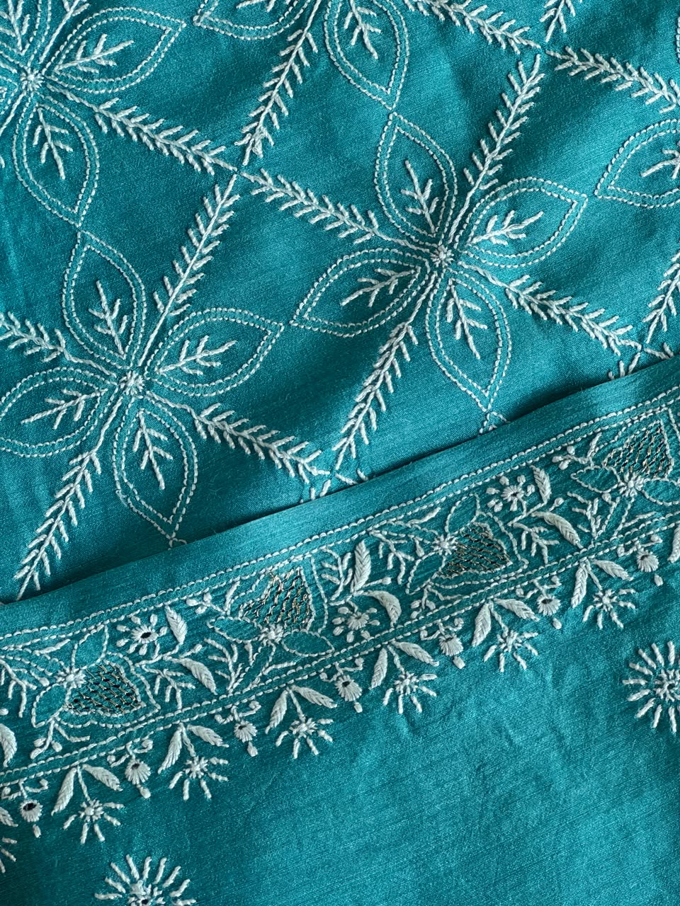 Teal Blue Shade Moonga Silk Chikankari Men’s Kurta Fabric