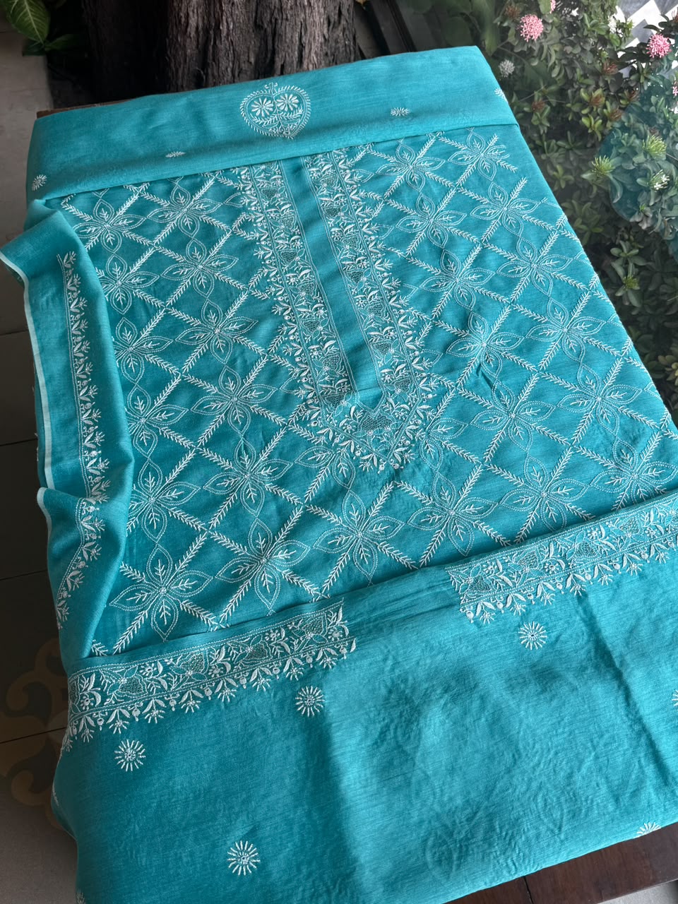 Teal Blue Shade Moonga Silk Chikankari Men’s Kurta Fabric