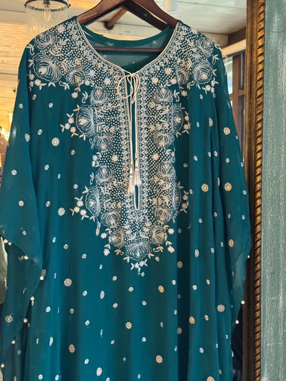 Teal Green Chiffon Chikankari Kaftan