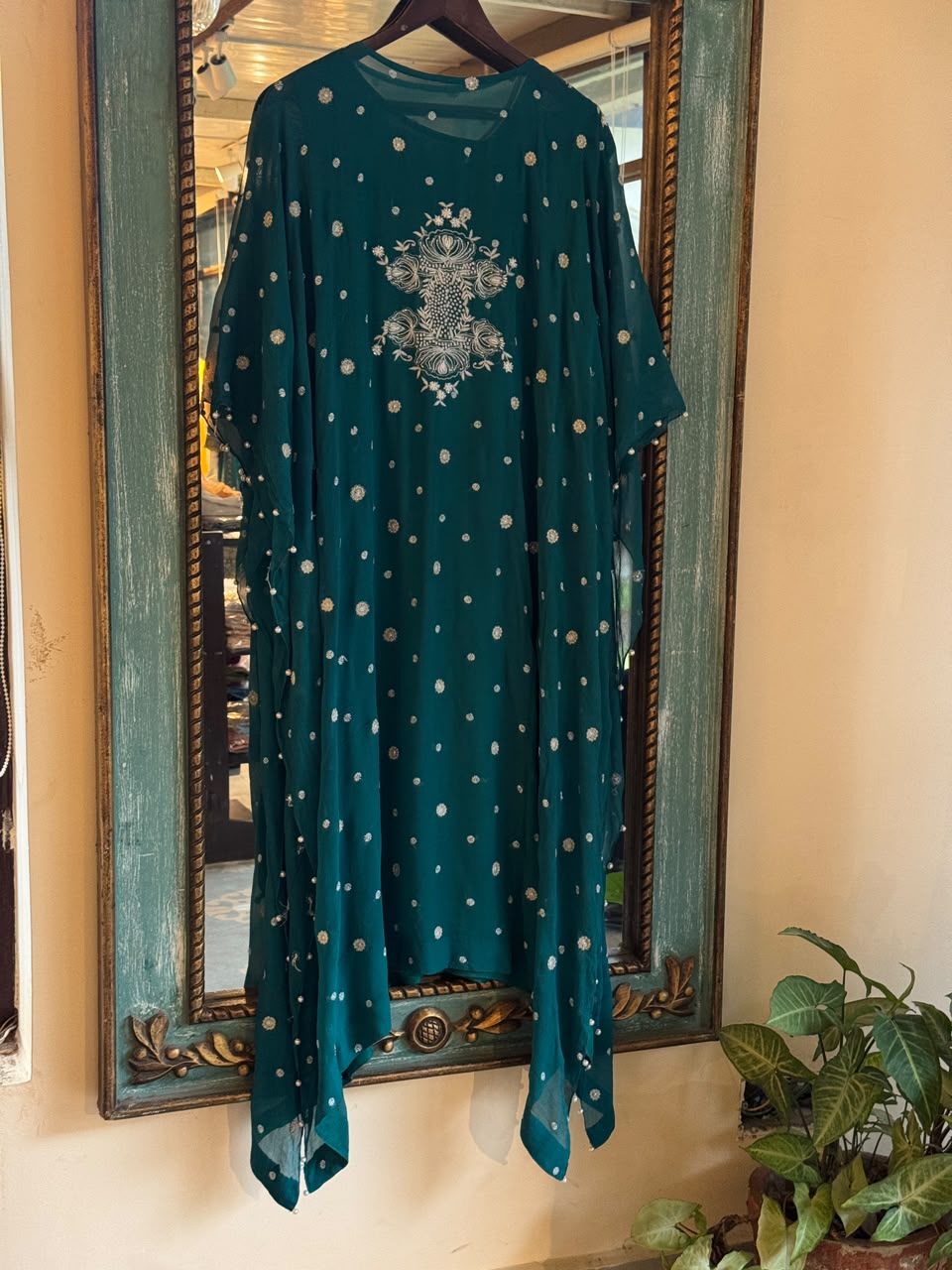 Teal Green Chiffon Chikankari Kaftan