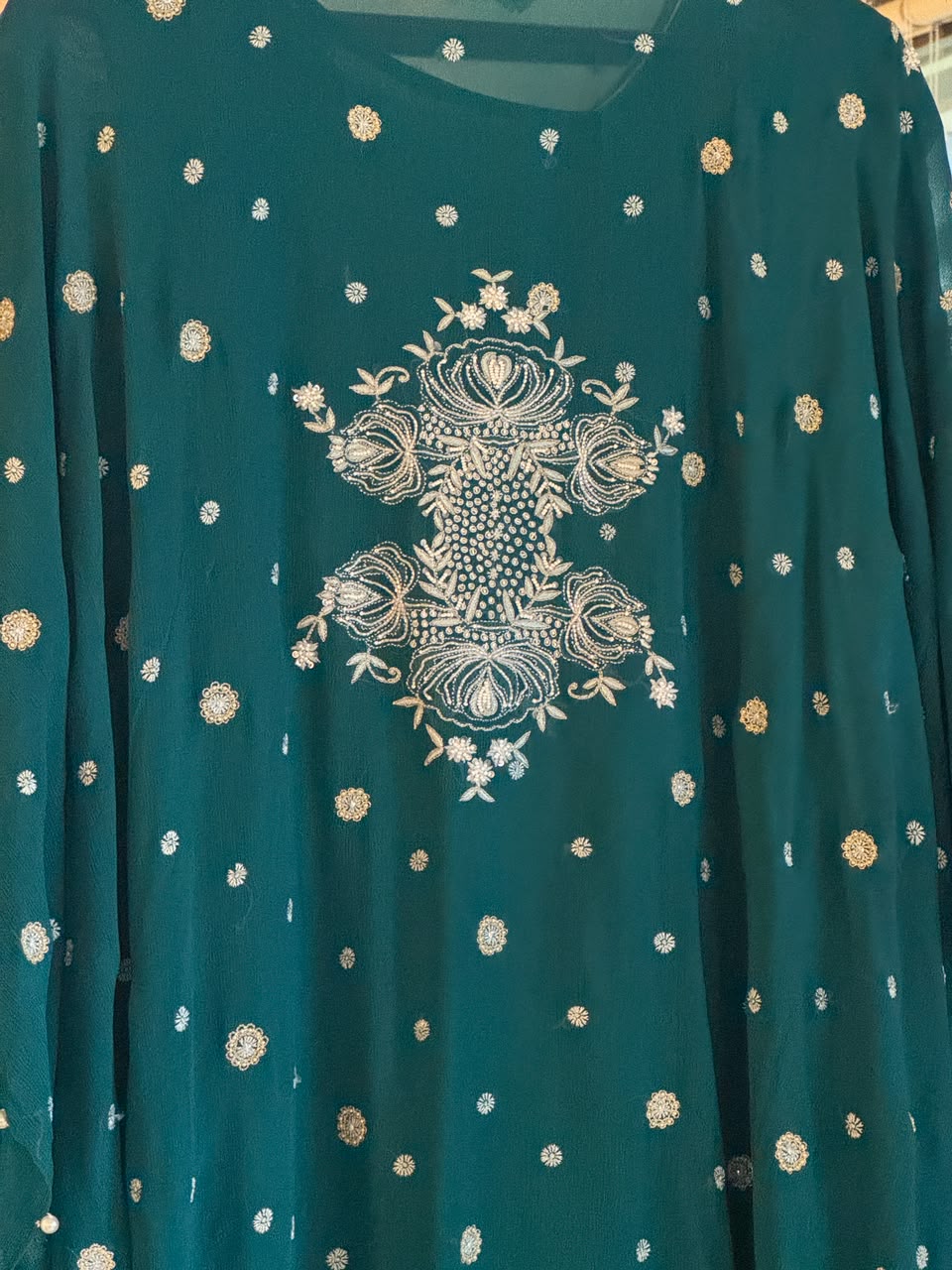 Teal Green Chiffon Chikankari Kaftan