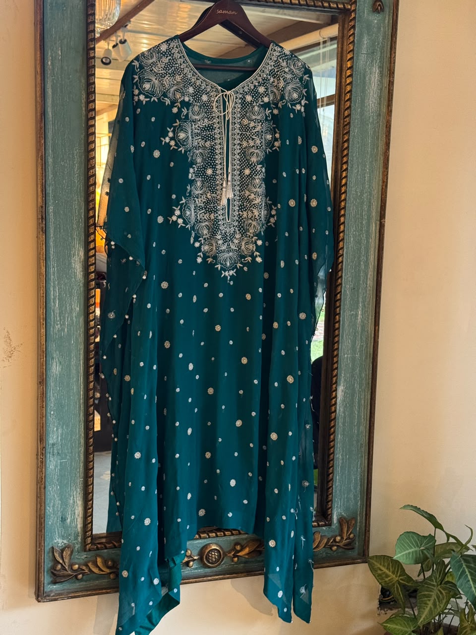 Teal Green Chiffon Chikankari Kaftan