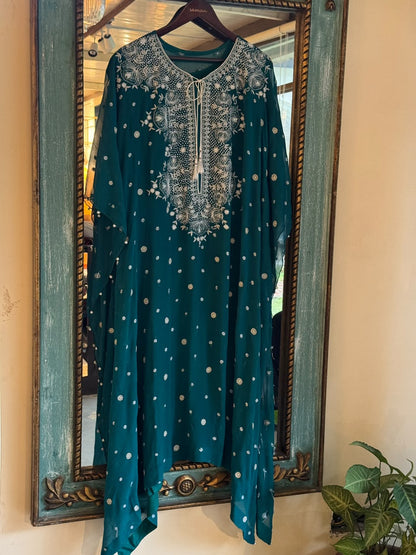 Teal Green Chiffon Chikankari Kaftan