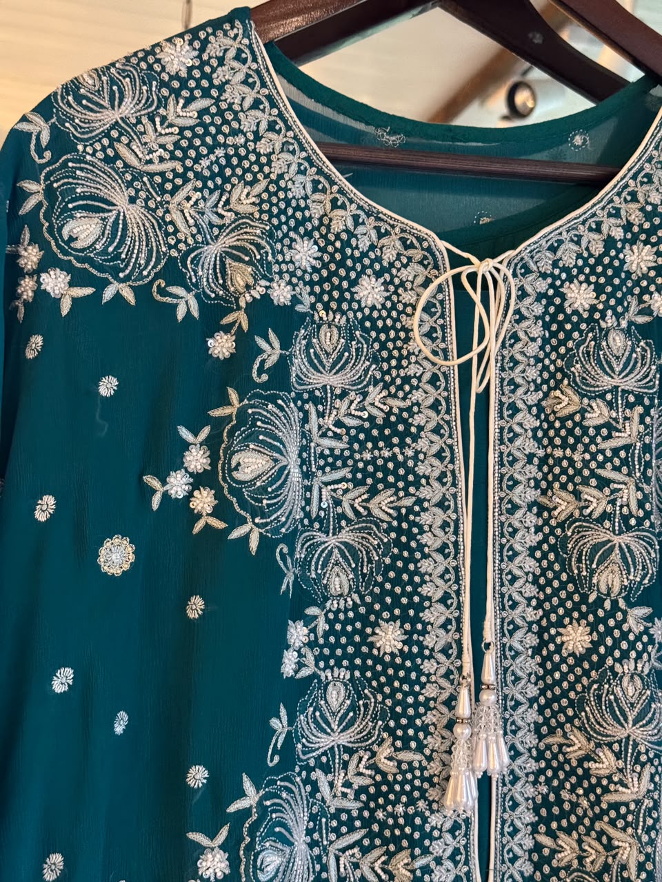 Teal Green Chiffon Chikankari Kaftan