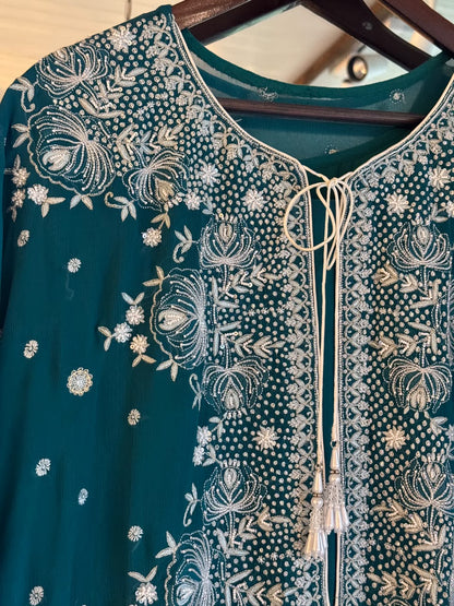 Teal Green Chiffon Chikankari Kaftan