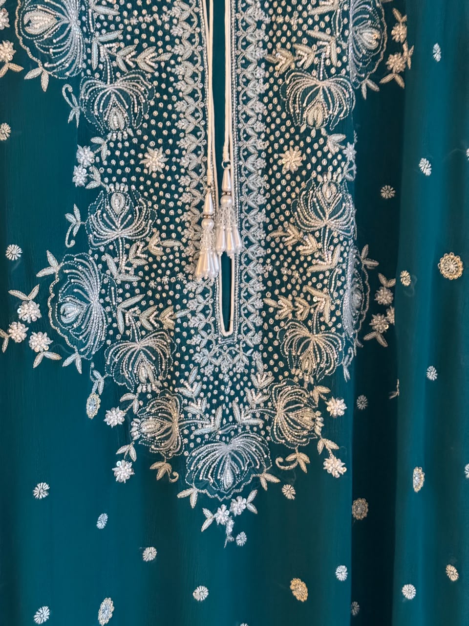 Teal Green Chiffon Chikankari Kaftan
