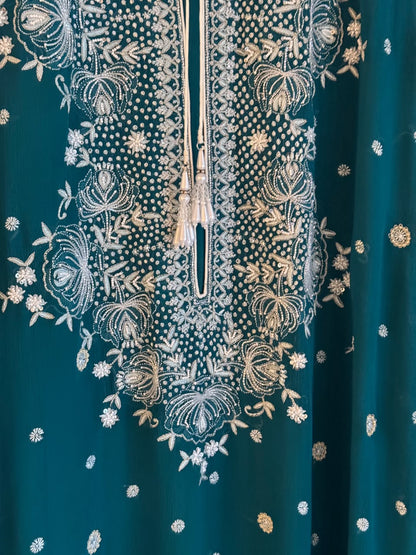 Teal Green Chiffon Chikankari Kaftan