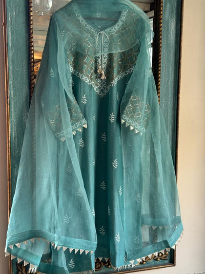 Teal Green Daraz Applique Chikankari Mukaish Kurta Set