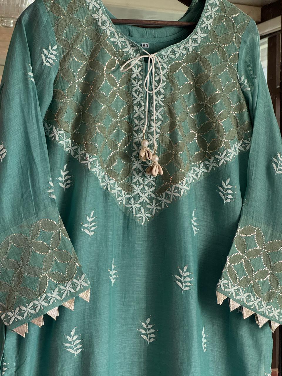 Teal Green Daraz Applique Chikankari Mukaish Kurta Dupatta Set