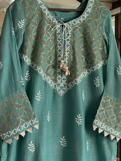 Teal Green Daraz Applique Chikankari Mukaish Kurta Dupatta Set