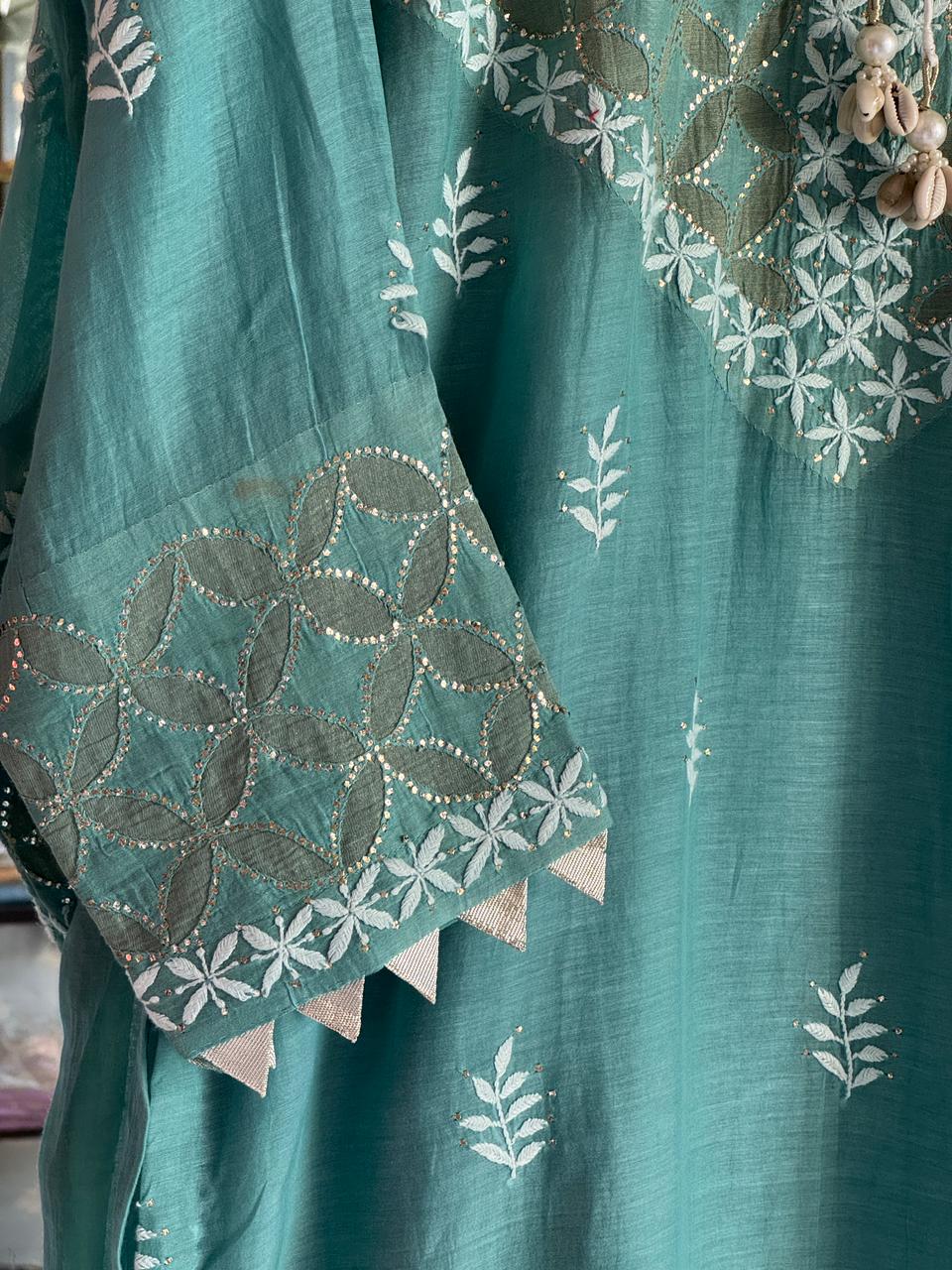 Teal Green Daraz Applique Chikankari Mukaish Kurta Dupatta Set