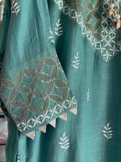 Teal Green Daraz Applique Chikankari Mukaish Kurta Dupatta Set