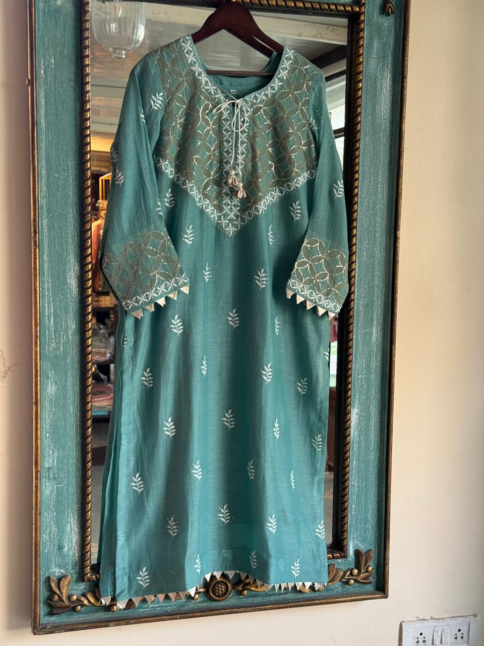 Teal Green Daraz Applique Chikankari Mukaish Kurta Dupatta Set