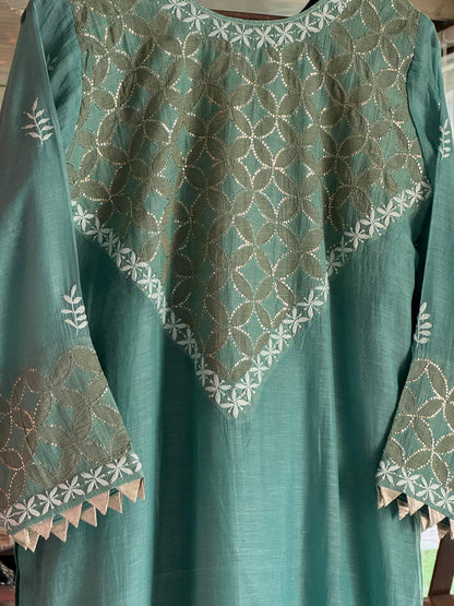Teal Green Daraz Applique Chikankari Mukaish Kurta Dupatta Set