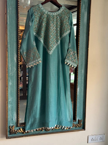 Teal Green Daraz Applique Chikankari Mukaish Kurta Dupatta Set