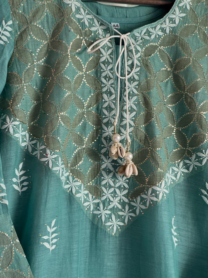 Teal Green Daraz Applique Chikankari Mukaish Kurta Dupatta Set