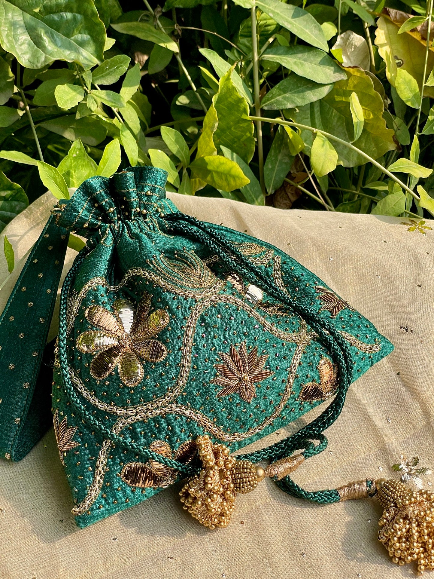 Teal Green Raw Silk Zardosi Polti Bags
