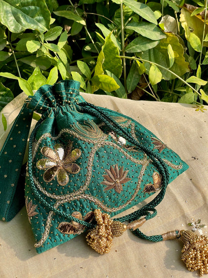 Teal Green Raw Silk Zardosi Polti Bags