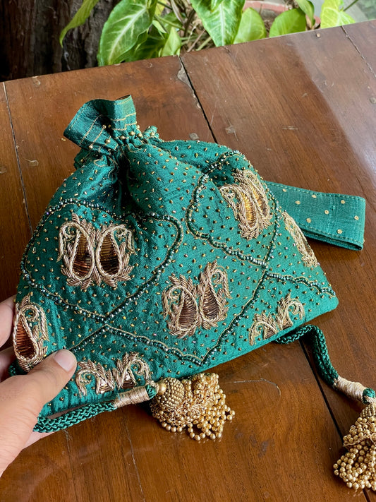 Teal Green Raw Silk Zardosi Polti Bags