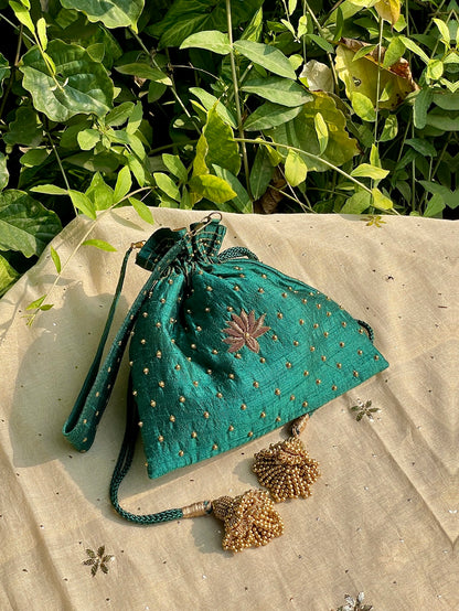 Teal Green Raw Silk Zardosi Polti Bags