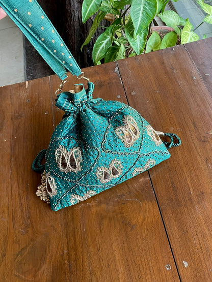 Teal Green Raw Silk Zardosi Polti Bags