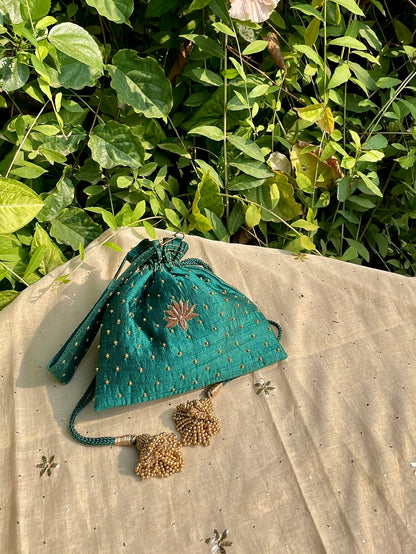 Teal Green Raw Silk Zardosi Polti Bags