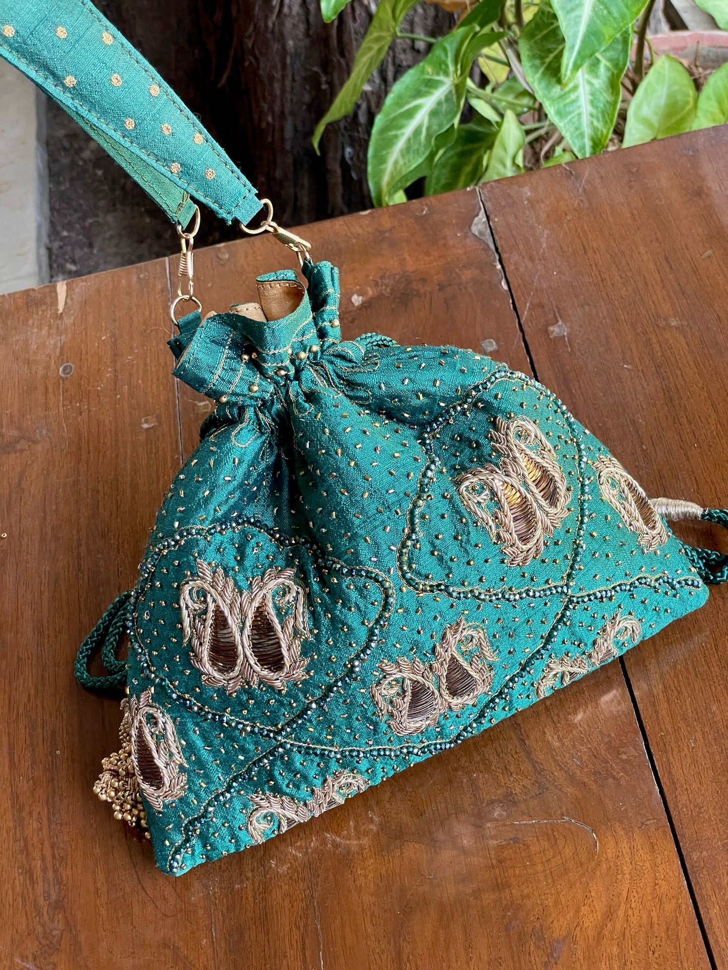 Teal Green Raw Silk Zardosi Polti Bags