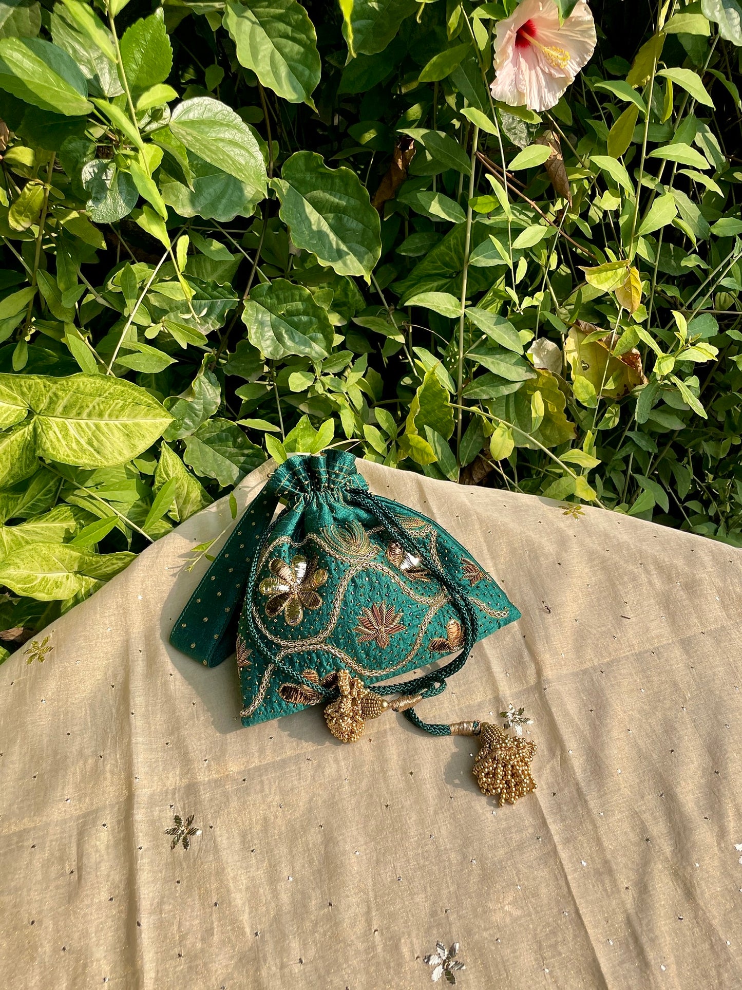 Teal Green Raw Silk Zardosi Polti Bags