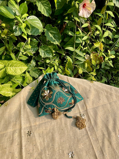 Teal Green Raw Silk Zardosi Polti Bags