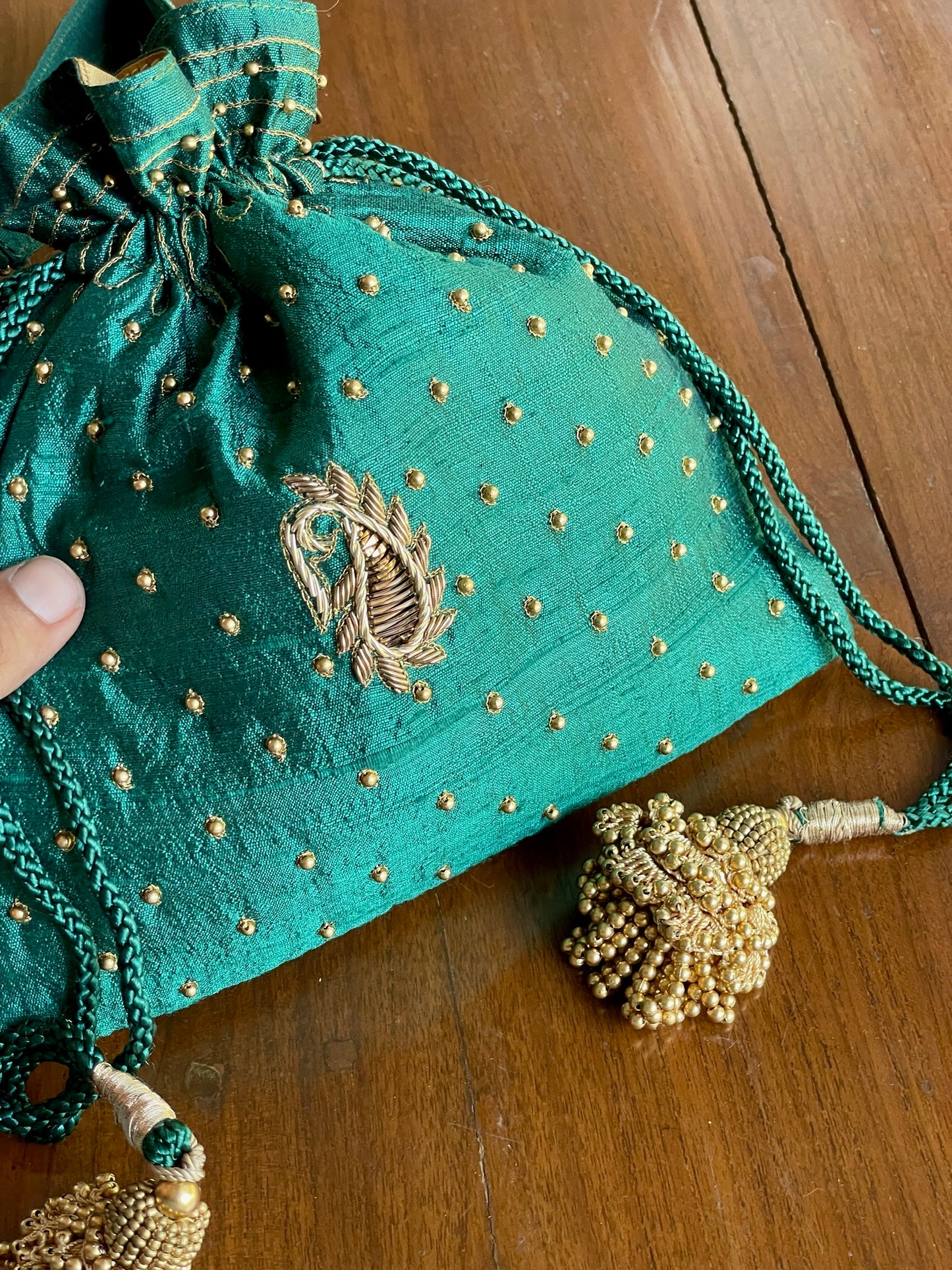 Teal Green Raw Silk Zardosi Polti Bags