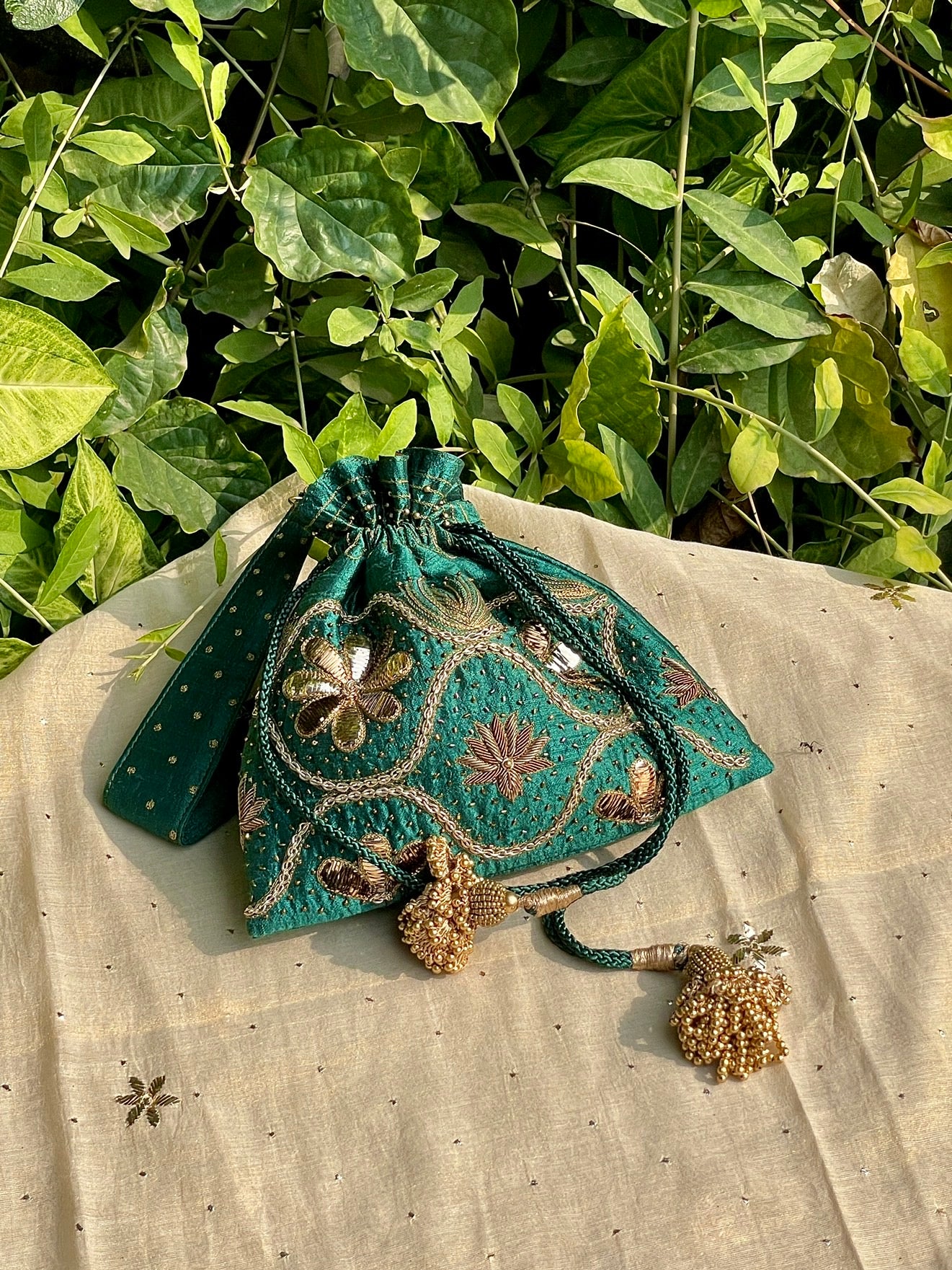 Teal Green Raw Silk Zardosi Polti Bags